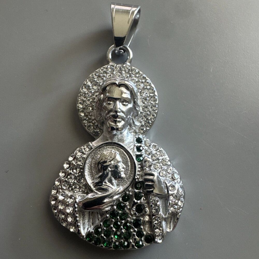 Saint Jude Thaddeus Pendant Silver Stainless Steel 24” Chain Jesus Cubic Zirconi